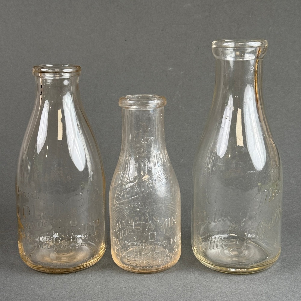 Vintage 3x Embossed Glass Milk Bottles, Columbia Dairies, Rooster on the back,